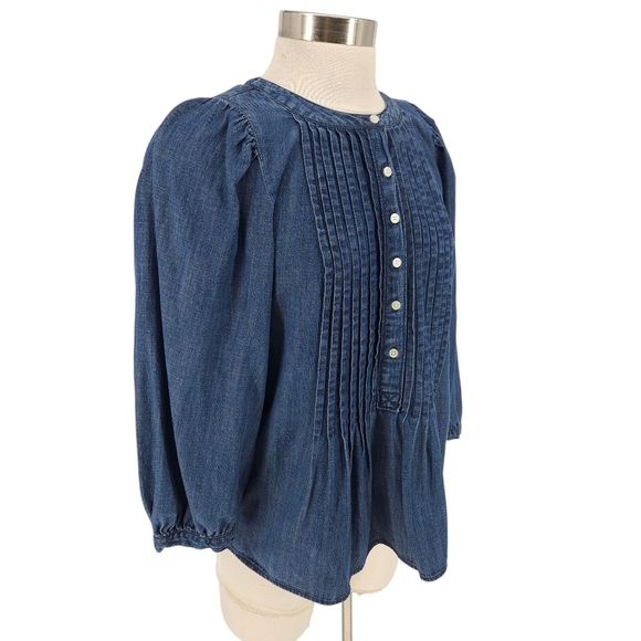 GAP Pleated Shirt Blue Dark Wash Denim Puff 3/4 Sleeve Button Up Top Small - Picture 2 of 7